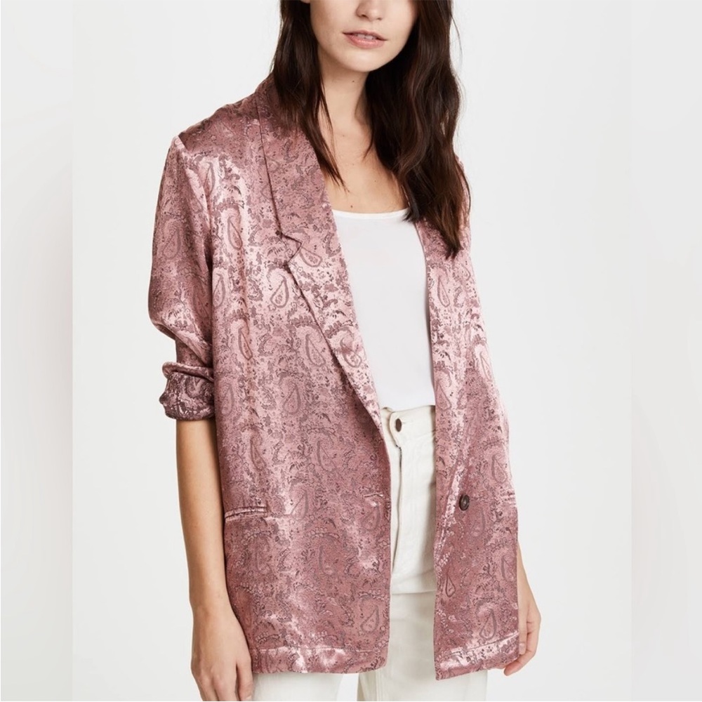Free People Pink Silky Jacquard Button Front Oversize Blazer - Size Small